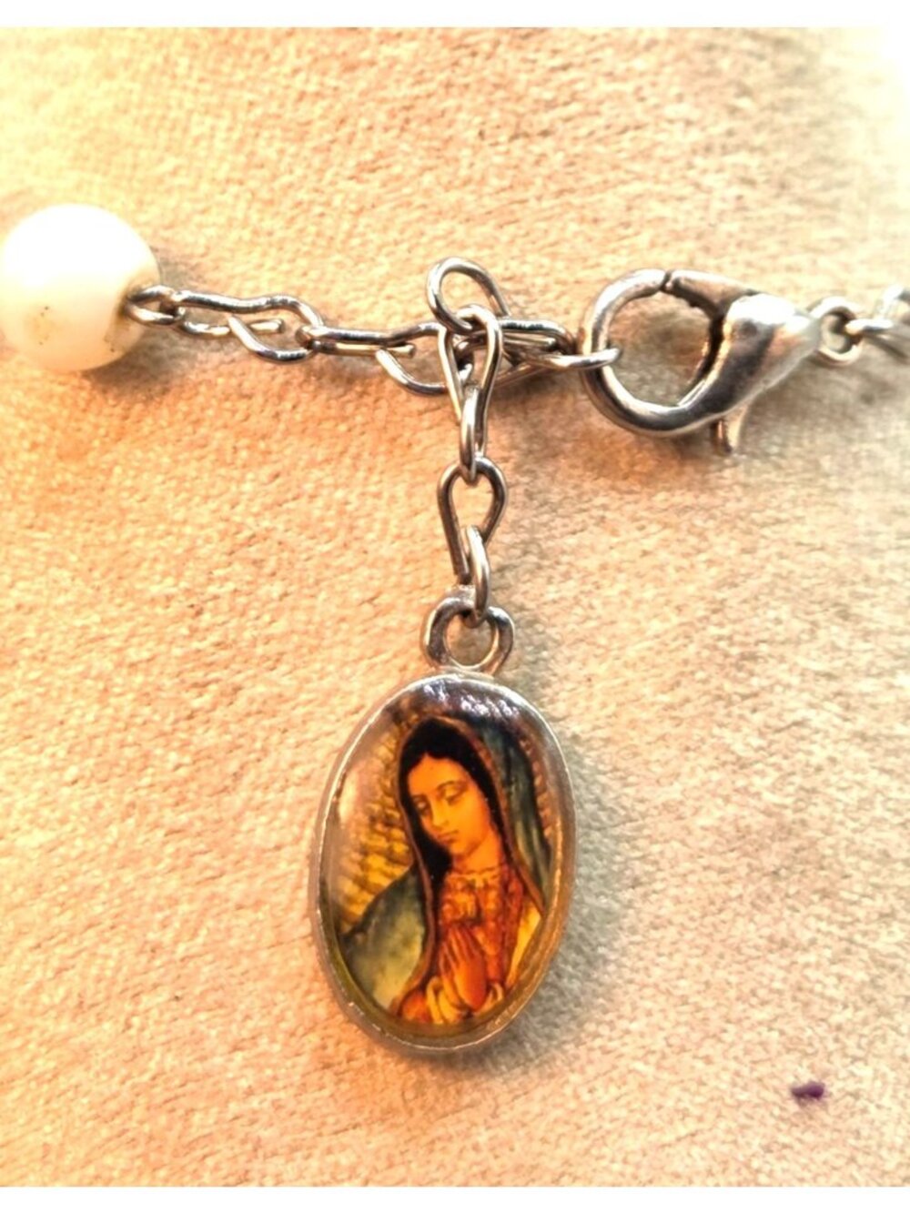 Pearl & Crystal Rosary Bracelet With Mother Mary Charm - Adjustable